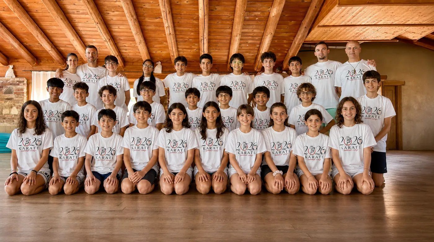 Il gruppo del Karate Summer Camp 2026 della Funakoshi Milano a Miri Piri, Travo (Piacenza)